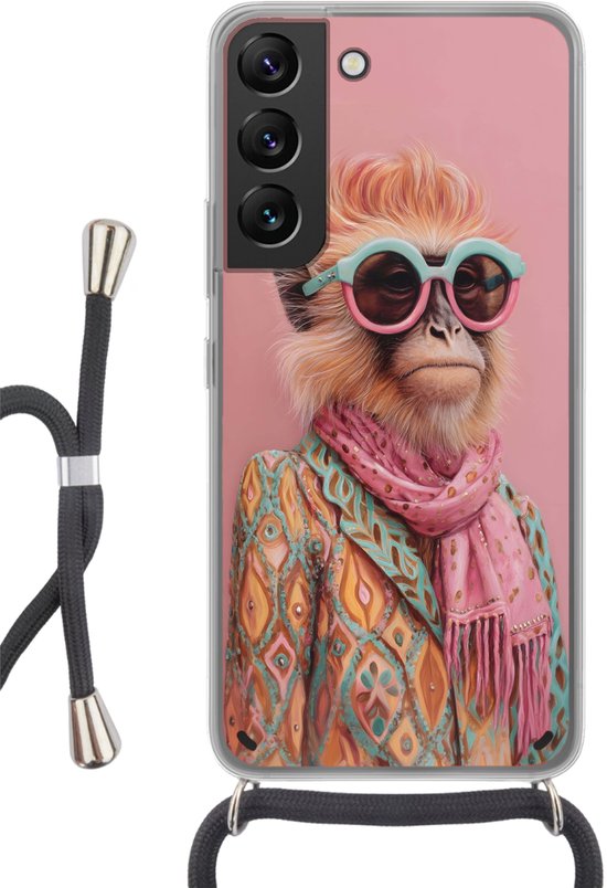 Telefoonhoesje Geschikt voor Samsung Galaxy S22 - Sjaal - Aap - Zonnebril - Jasje - Siliconen - Crossbody - Backcover met Koord - Telefoonhoesje met koord - Hoesje met touw Telefoonhoesje