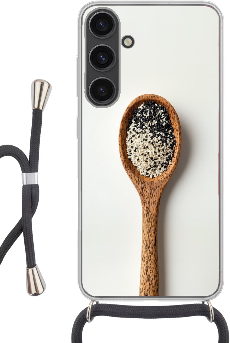 Telefoonhoesje Geschikt voor Samsung Galaxy S24 - Lepel - Sesam - Wit - Siliconen - Crossbody - Backcover met Koord - Telefoonhoesje met koord - Hoesje met touw Telefoonhoesje