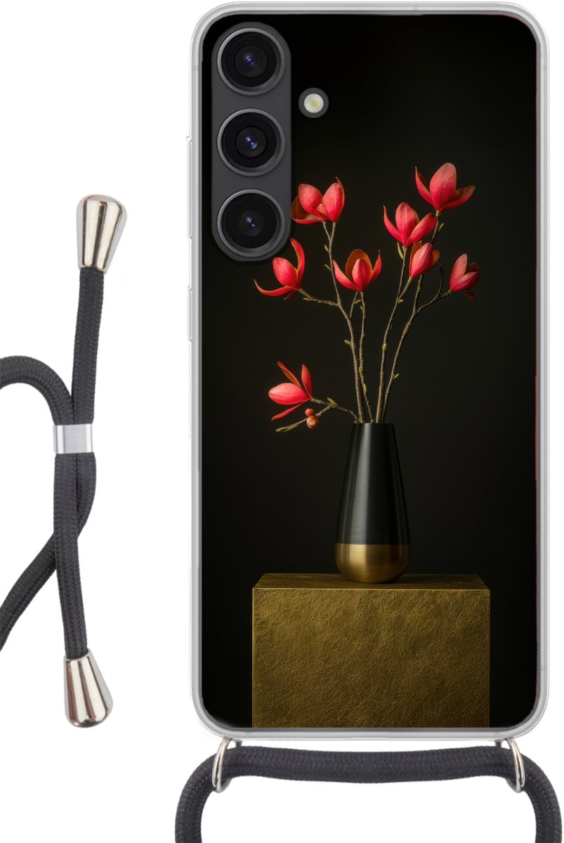 Telefoonhoesje Geschikt voor Samsung Galaxy S24 - Rode - Bloemen - Vaas - Siliconen - Crossbody - Backcover met Koord - Telefoonhoesje met koord - Hoesje met touw Telefoonhoesje