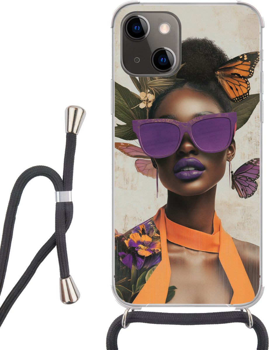 Telefoonhoesje Geschikt voor iPhone 13 - Vrouw - Zonnebril - Vlinder - Bloemen - Siliconen - Crossbody - Backcover met Koord - Telefoonhoesje met koord - Hoesje met touw Telefoonhoesje