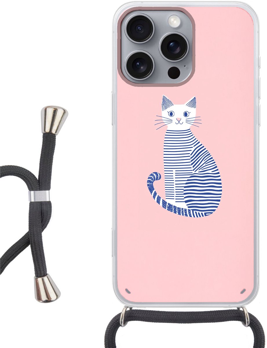 Telefoonhoesje Geschikt voor iPhone 16 Pro Max - Kat - Illustratie - Minimalistisch - Roze - Siliconen - Crossbody - Backcover met Koord - Telefoonhoesje met koord - Hoesje met touw Telefoonhoesje