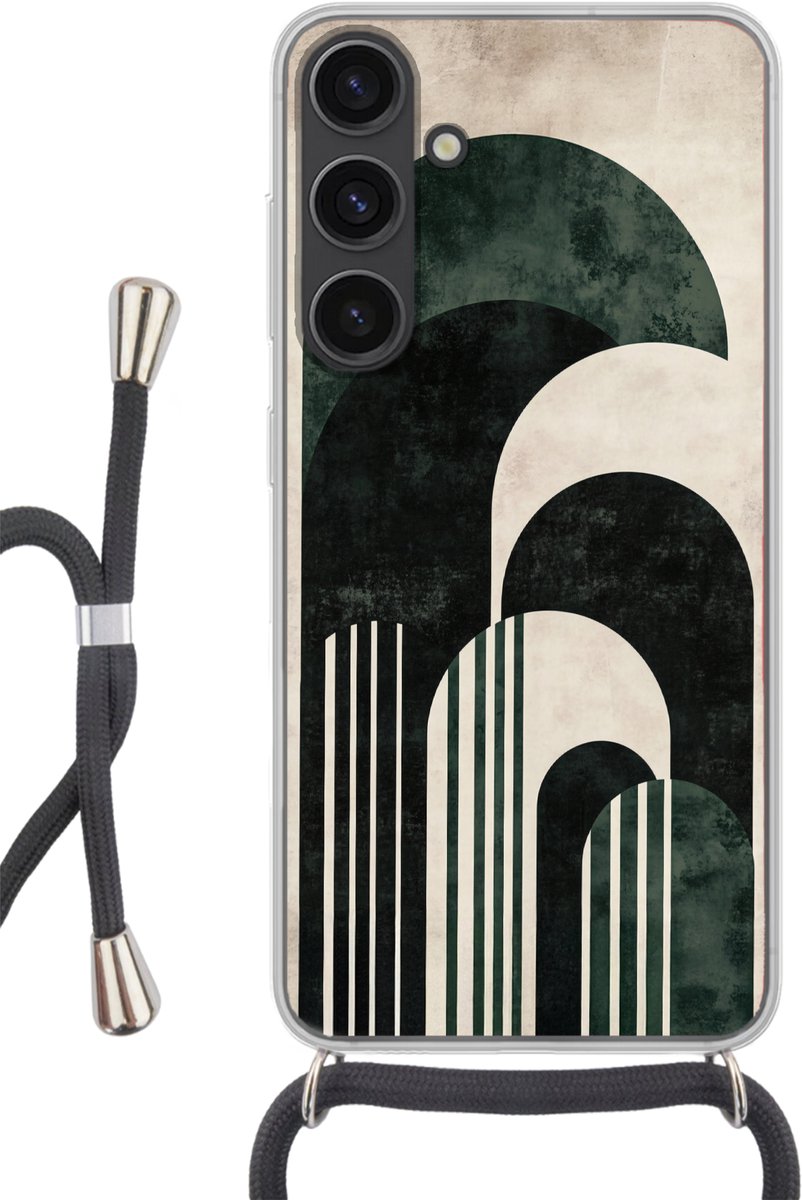 Telefoonhoesje Geschikt voor Samsung Galaxy S24 - Bogen - Donkergroen - Lijnen - Siliconen - Crossbody - Backcover met Koord - Telefoonhoesje met koord - Hoesje met touw Telefoonhoesje