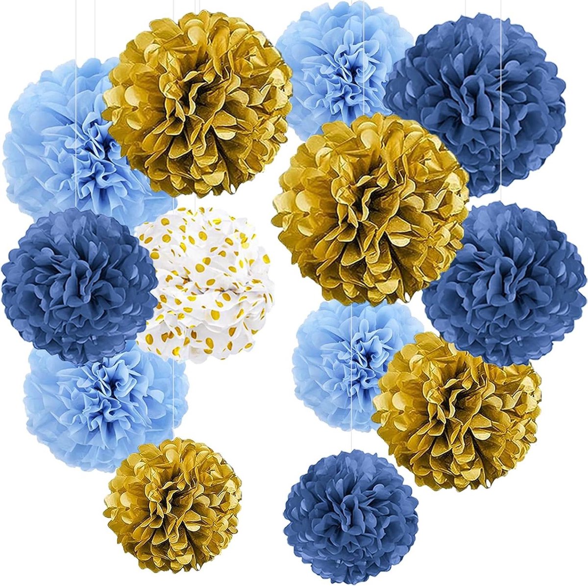 JGS Premium - Decoratie voor tuinfeest - Zijdepapieren pompons en lampions - Gouden en blauwe feestdecoratie voor bruiloft, eerste schooldag en communieviering