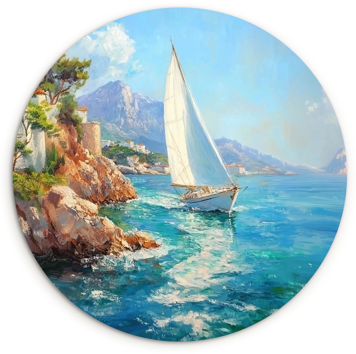 WallCircle Wandcirkel 140x140 cm - Muurcirkel Zeilboot - Rotsen - Kust - Huizen - Muurdecoratie woonkamer - Wanddecoratie slaapkamer - Kamer decoratie accessoires - Ronde schilderijen Zeilboot - Huizen - Rotsen