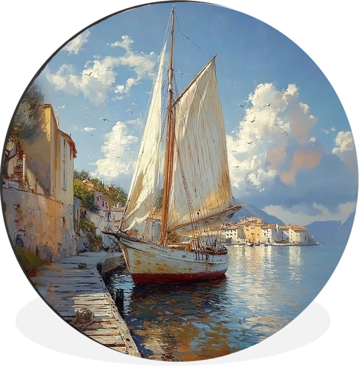 WallCircle Wandcirkel - Muurcirkel - Zeilschip - Huizen - Kade - Zee - Aluminium - Dibond - 120x120 cm - Binnen en Buiten Zeilschip - Huizen - Zee