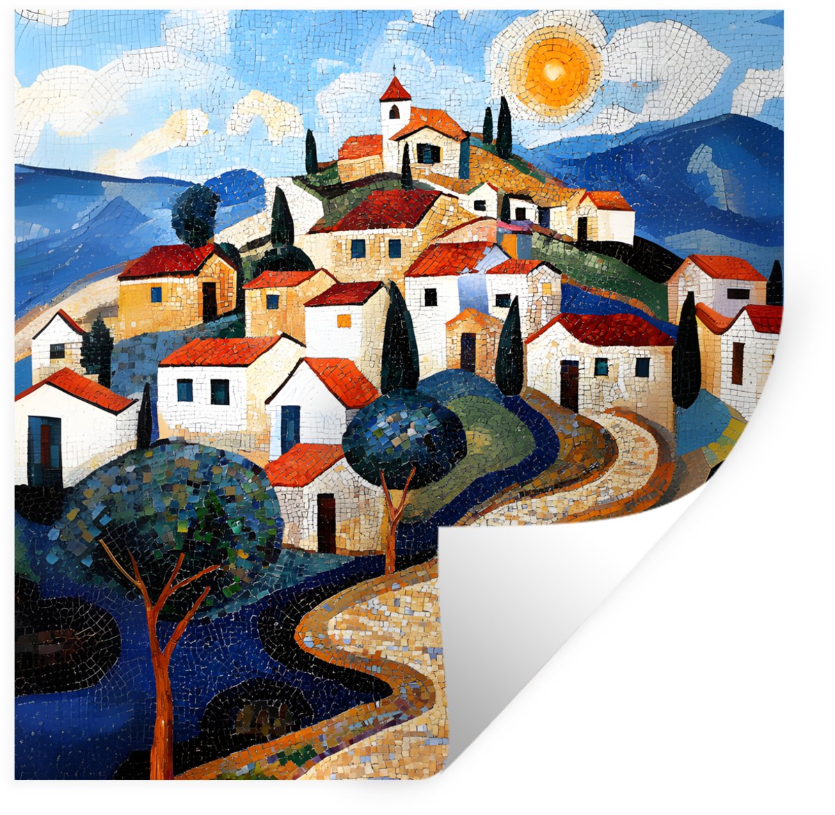 Muurstickers - Sticker Folie - Dorp - Heuvelachtig - Zon - Mozaïek - 30x30 cm - Plakfolie