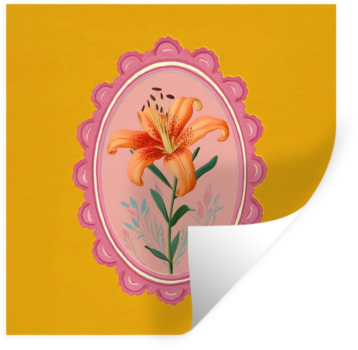 Muurstickers - Sticker Folie - Lelie - Oranje - Lijst - Ovaal - 80x80 cm - Plakfolie - Muu