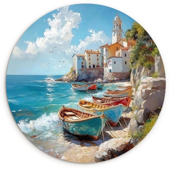 WallCircle® Wandcirkel 120x120 cm - Muurcirkel Boten - Rotsen - Zee - Zon - Muurdecoratie woonkamer - Wanddecoratie slaapkamer - Kamer decoratie accessoires - Ronde schilderijen XXL