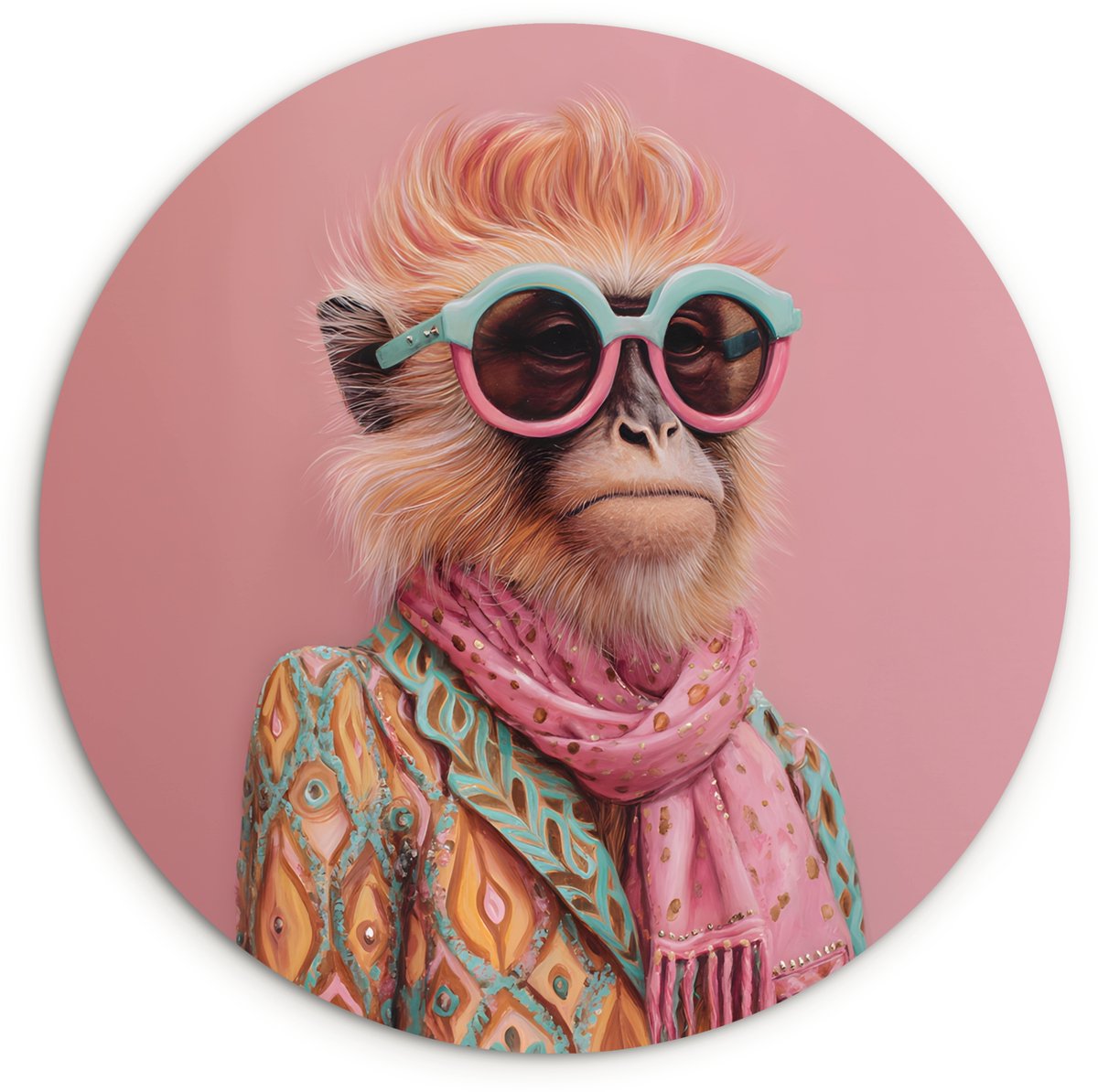 WallCircle Wandcirkel 150x150 cm - Muurcirkel Sjaal - Aap - Zonnebril - Jasje - Muurdecoratie woonkamer - Wanddecoratie slaapkamer - Kamer decoratie accessoires - Ronde schilderijen