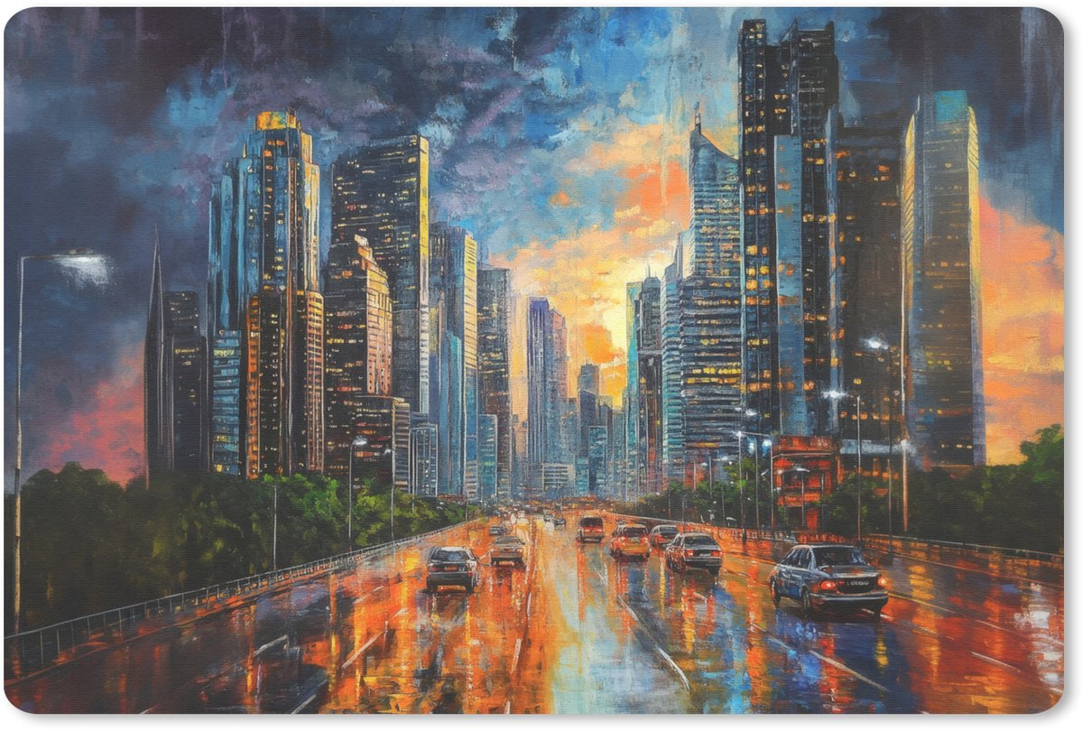 Muismat 27x18 cm - Mousepad Auto - Skyline - Zon - Blauw - Muismatten