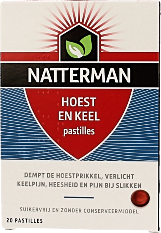 Doos Natterman Hoest en Keel pastilles. Rode pastille rechtsonder. Tekst: Suikervrij en zonder conserveermiddel, 20 pastilles.