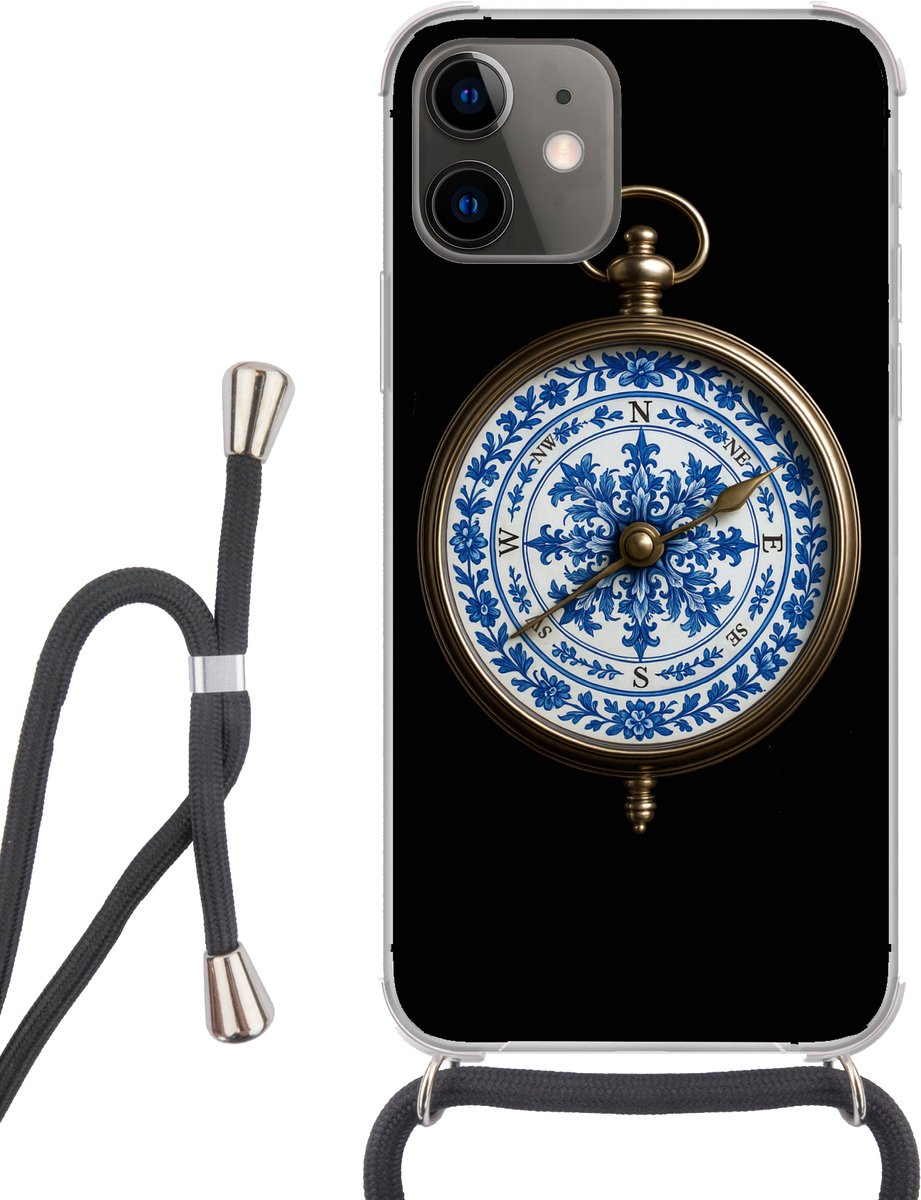 Telefoonhoesje Geschikt voor iPhone 12 - Kompas - Delfts blauw - Zwart - Siliconen - Crossbody - Backcover met Koord - Telefoonhoesje met koord - Hoesje met touw Telefoonhoesje