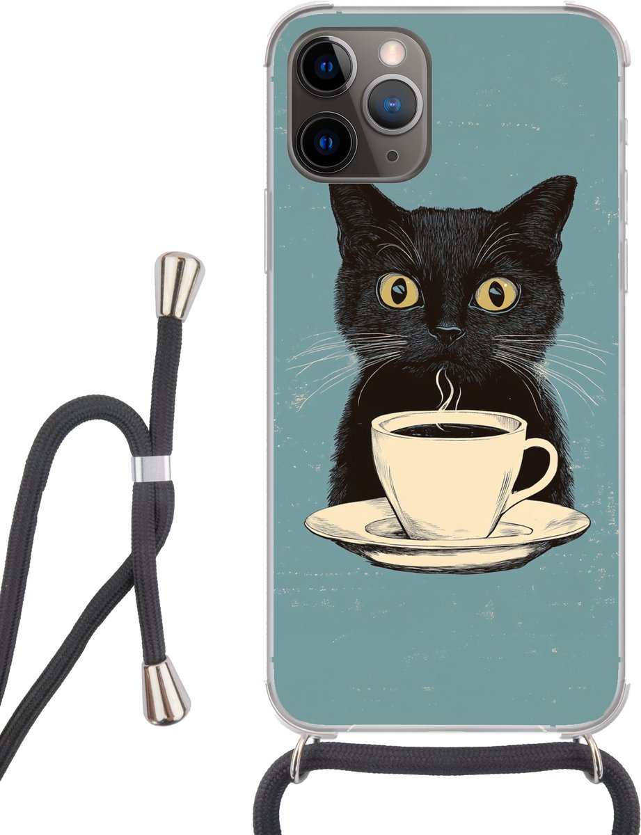 Telefoonhoesje Geschikt voor iPhone 13 Pro - Kat - Zwart - Koffie - Minimalistisch - Siliconen - Crossbody - Backcover met Koord - Telefoonhoesje met koord - Hoesje met touw Telefoonhoesje