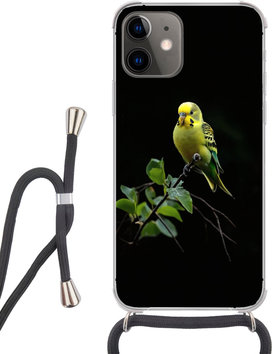 Telefoonhoesje Geschikt voor iPhone 11 - Parkiet - Tak - Bladeren - Geel - Siliconen - Crossbody - Backcover met Koord - Telefoonhoesje met koord - Hoesje met touw Telefoonhoesje