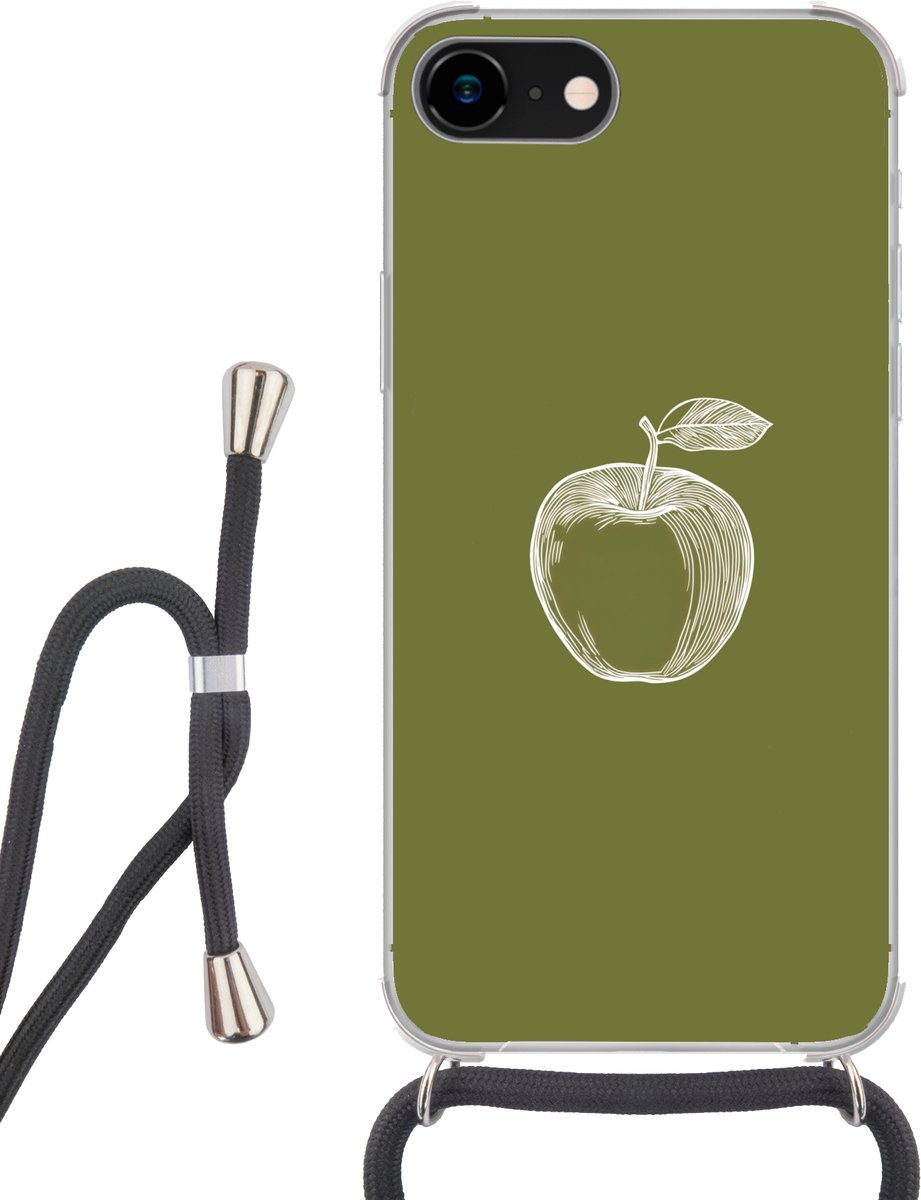 Telefoonhoesje Geschikt voor iPhone SE 2020 - Lijntekening - Appel - Olijfgroen - Blaadje - Siliconen - Crossbody - Backcover met Koord - Telefoonhoesje met koord - Hoesje met touw Telefoonhoesje