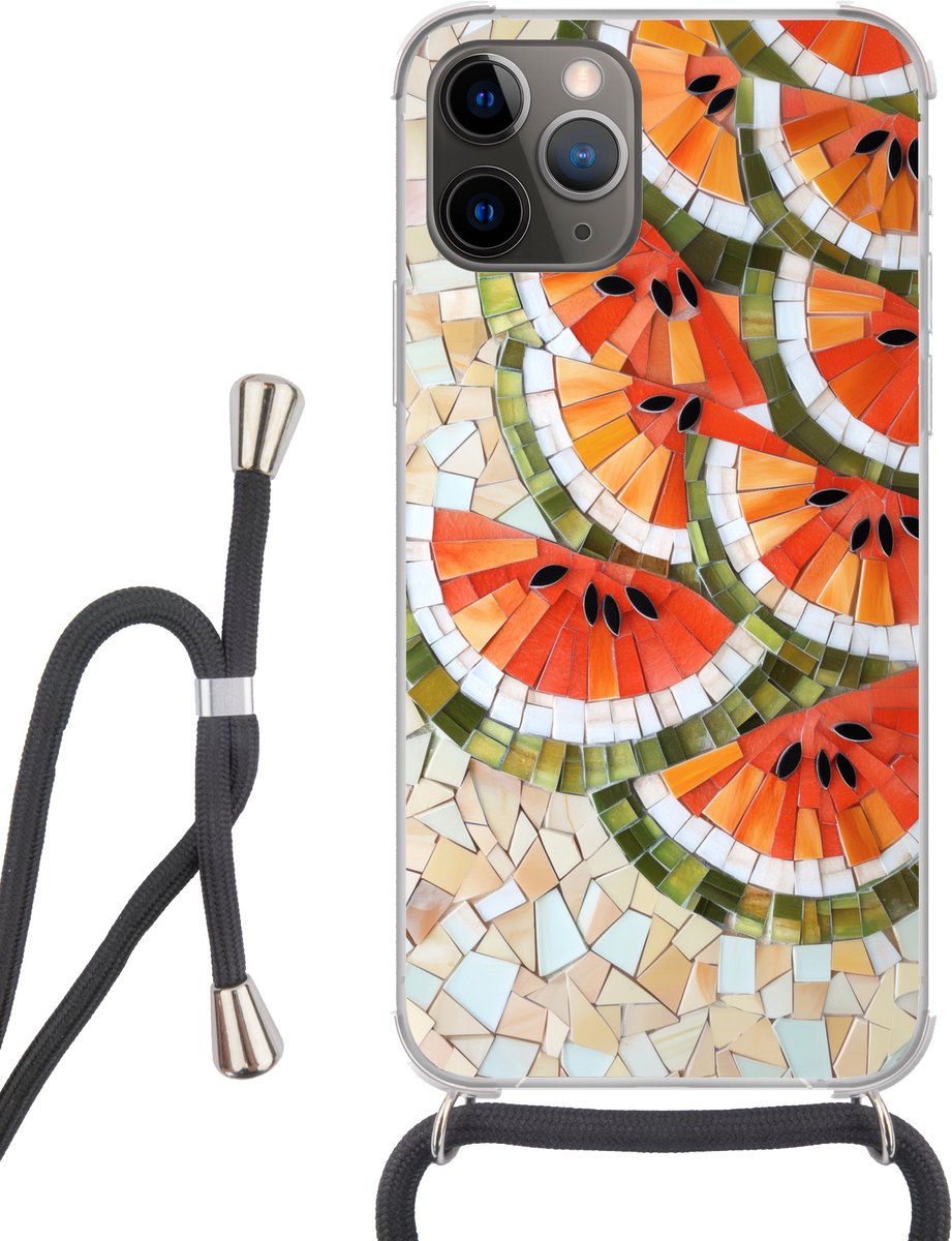 Telefoonhoesje Geschikt voor iPhone 12 pro crossbody - Mozaïek - Watermeloen - Rood - Pitten - Siliconen - Crossbody - Backcover met Koord - Telefoonhoesje met koord - Hoesje met touw Telefoonhoesje