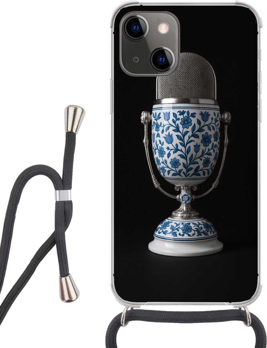 Telefoonhoesje Geschikt voor iPhone 13 - Microfoon - Delfts blauw - Muziek - Siliconen - Crossbody - Backcover met Koord - Telefoonhoesje met koord - Hoesje met touw Telefoonhoesje