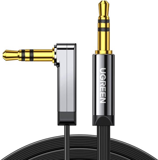 UGREEN 3,5mm AUX kabel 1,5m plat haaks mini-jack, duurzame kabel voor telefoon, tablet en audio