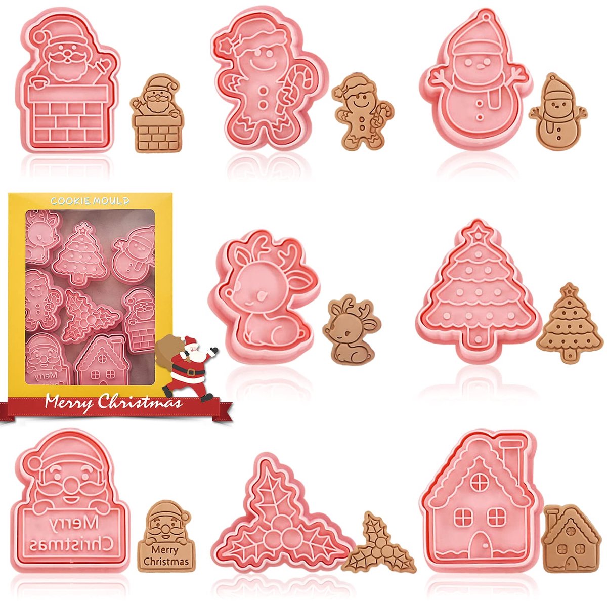 Kerstkoekjesvormpjes, 8 stuks, 3D-vorm, kunststof koekjesvormpjes, koekjesvormpjes voor kinderen, 3D-koekjesvormpjes, kerstkoekjes, voor het versieren van fondant, koekjes, biscuits (roze 3)