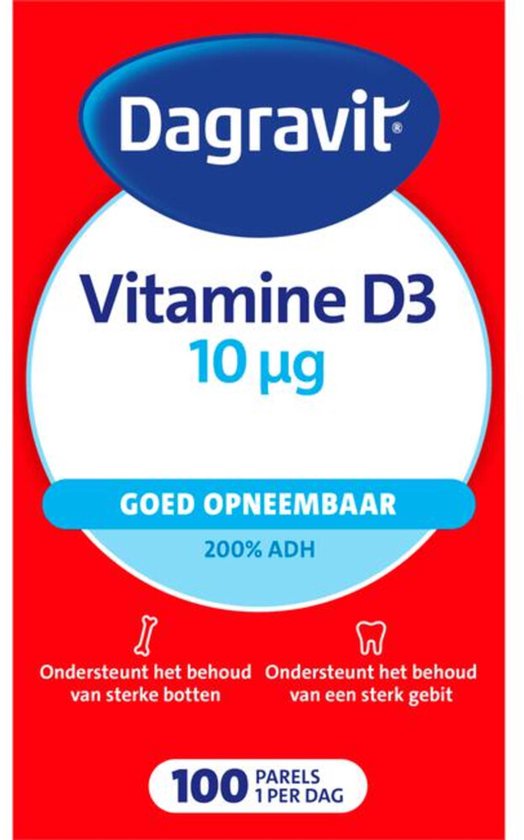 Dagravit Vitamine D 10µg parels - Ondersteunt het behoud van sterke botten en een sterk gebit - Goed opneembaar door de oliebasis - 100 parels