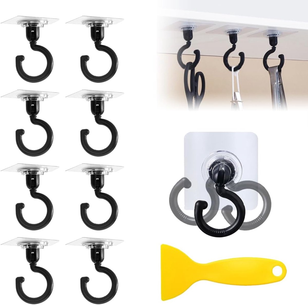 Lot De 8 Crochets Adhésifs Rotatifs 360° Pour Plafond/Mur - Sans Percer, Blanc - Pour Cuisine, Salle De Bain