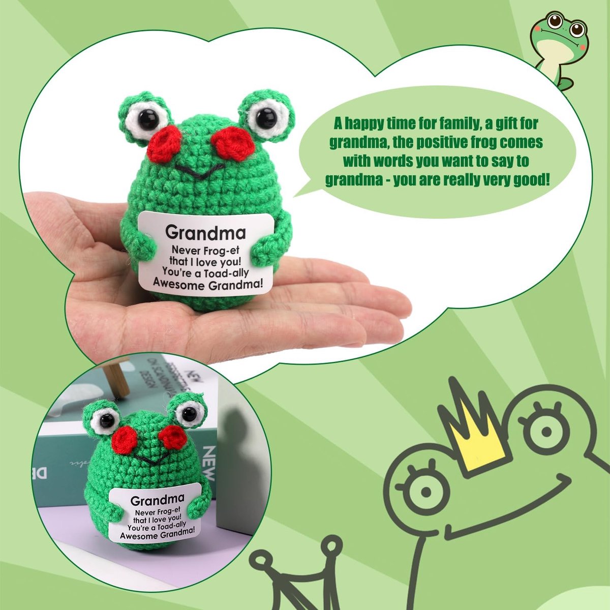 Grenouille Positive Au Crochet Avec Carte D'Affirmation - Poupée En Laine Faite Main, Cadeau Mignon Pour Anniversaire, Noël (9x7x6 Cm) - 3