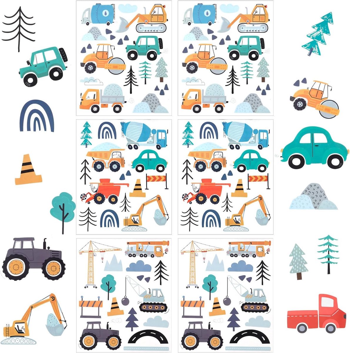 Image of 90pcs Constructievoertuigen Wandstickers - Boho Transport Wandstickers - Technische Voertuigen - Graafmachines - Kranen - Vrachtwagens - Wanddecoraties voor Jongens - Kinderen - Baby's - Slaapkamer - Speelkamer Decoratie