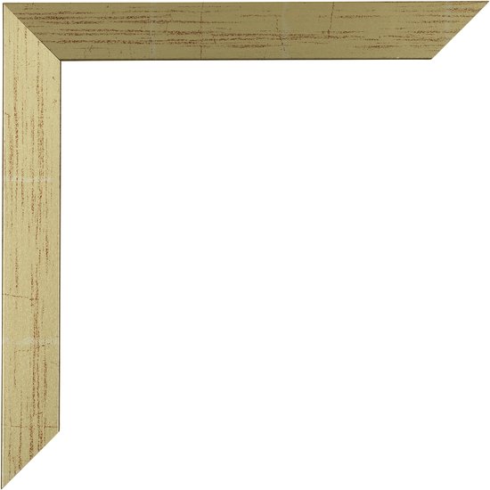 Een hoek van een goudglanzende fotolijst met een subtiele houtnerf textuur.