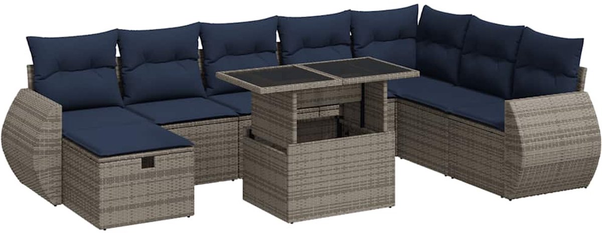 vidaXL 9-delige - Loungeset - met - kussens - poly - rattan - acacia - bruin Grijs
