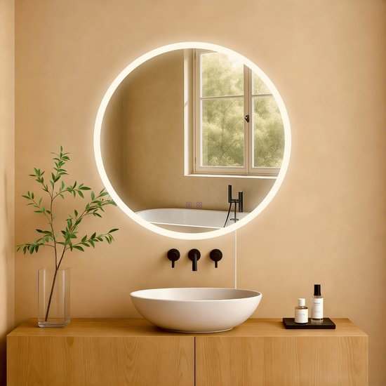 Miroir de salle de bain CLP Laconia - avec éclairage - avec chauffage - rond - miroir mural anti-condensation - LED dimmable - 3 modes d'éclairage - transparent/verre