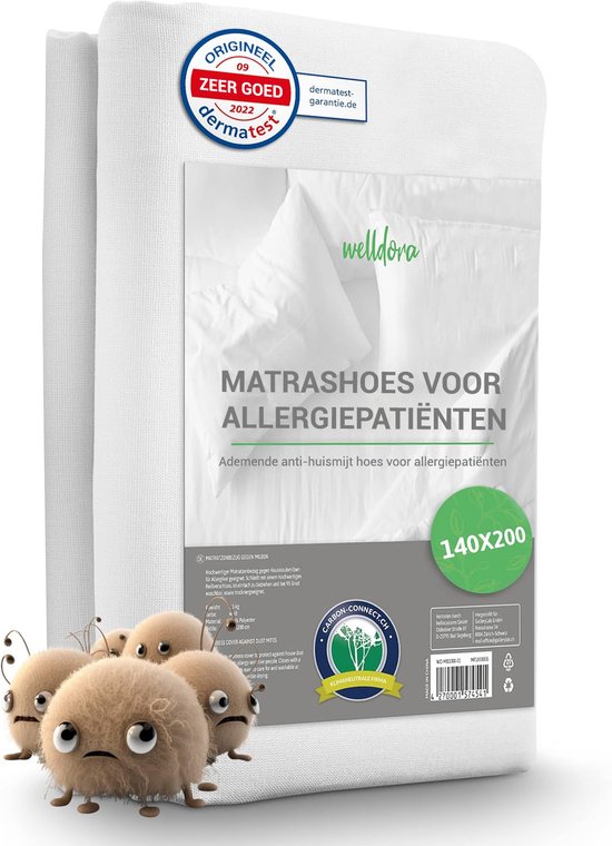 Wit matras met ritssluiting, met de tekst 'Matrashoes voor allergiepatiënten'