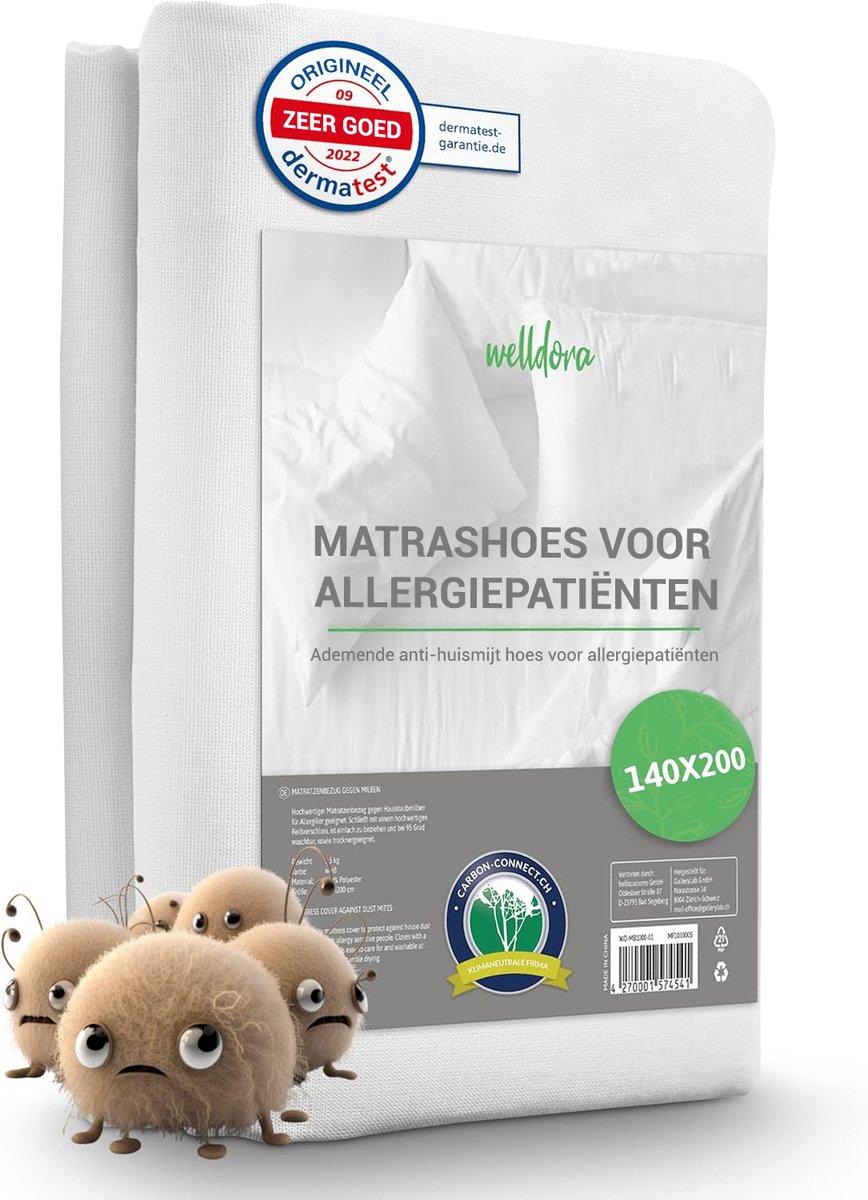 Welldora Premium Anti-Allergie Matrashoes 140x200x20 cm met Rits | Getest Encasing Tegen Huisstofmijt | Oeko-Tex Gecertificeerd | Matras Hoes Wasbaar tot 95°C | Voor Allergieën en gevoelige Huid | Anti-Mijt Beddengoed voor Matrasbescherming
