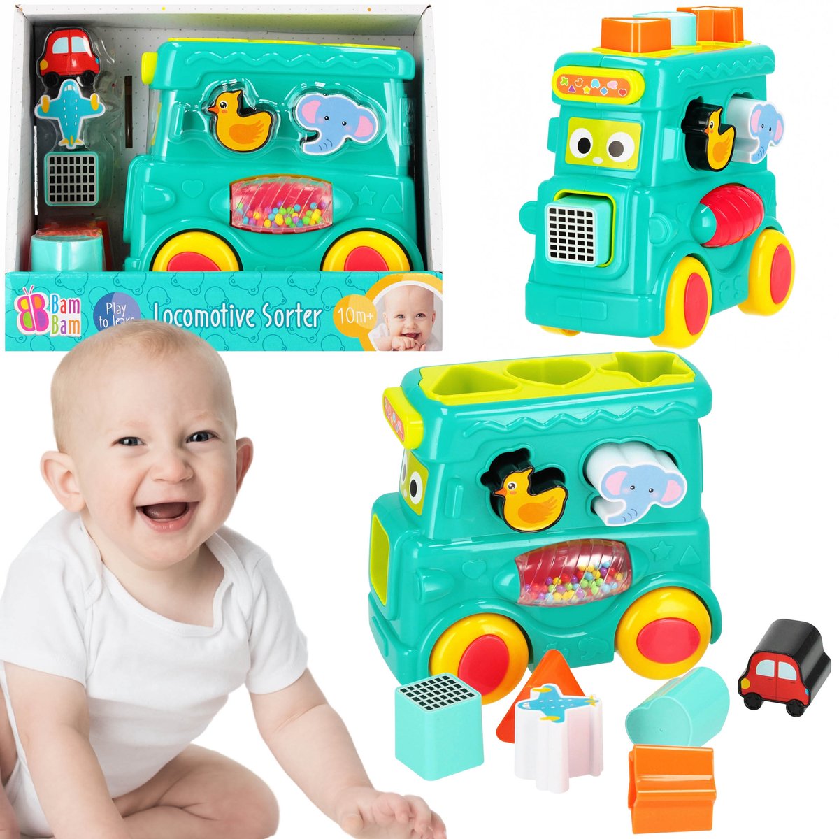 Bam Bam INTERACTIEVE locomotief, speelgoed TREIN, babysorteerder, sensorisch speelgoed 10m+