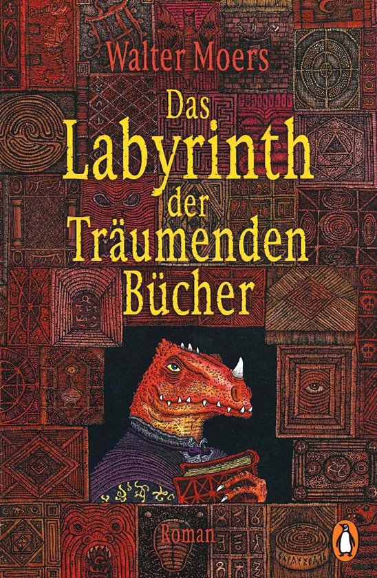 Boekomslag met Walter Moers' 'Das Labyrinth der Träumenden Bücher'. Een rode draak met een boek in zijn poot, omringd door patronen.