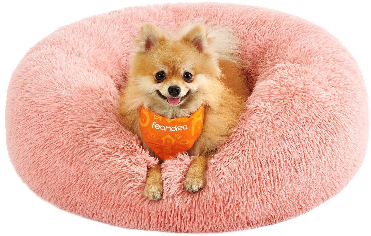 Feandrea Hondenbed, Fluffy Kattenbed, Donutkussen, Wasbaar, Uitneembare Middenvulling, Lange Pluche, 60 cm Diameter, Roze PGW038P01