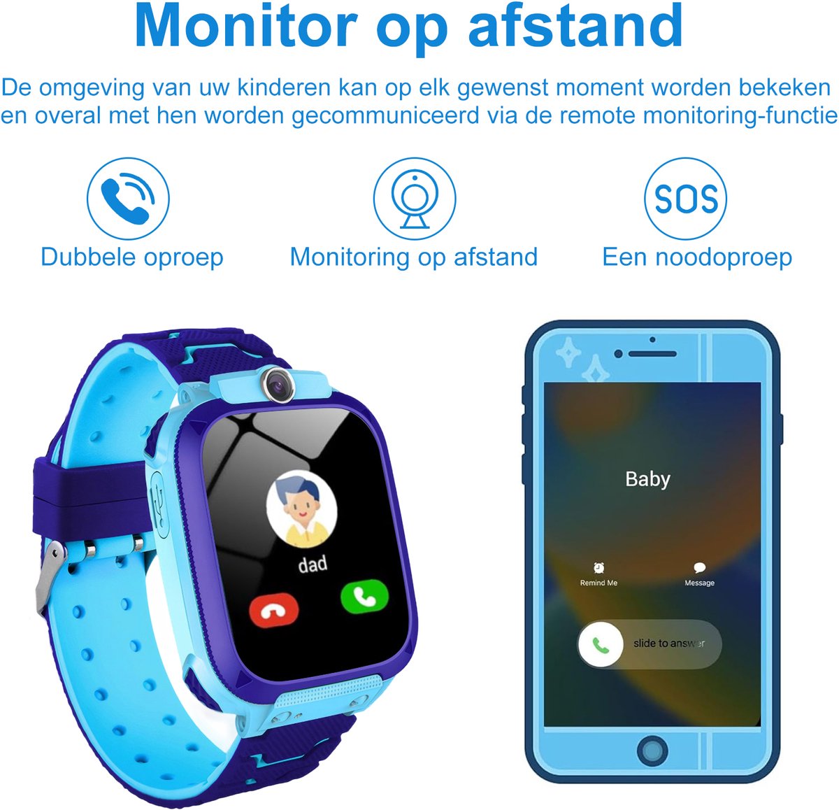 Afbeelding 2 van Kinder Smartwatch - HD Camera met GPS & Bellen - Waterdicht en Real-time Locatie - Geschikt voor Jongens en Meisjes - Blauw - 1.44 inch - 1 Stuk