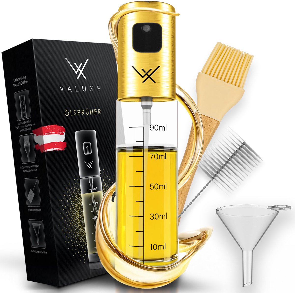 VALUXE® Premium Olieverstuiver Goud – Het ORIGINEEL - Extreem precieze olieverstuiver van roestvrij staal en glas - Multifunctionele olieverstuiver - Stijlvolle en coole keukengadgets