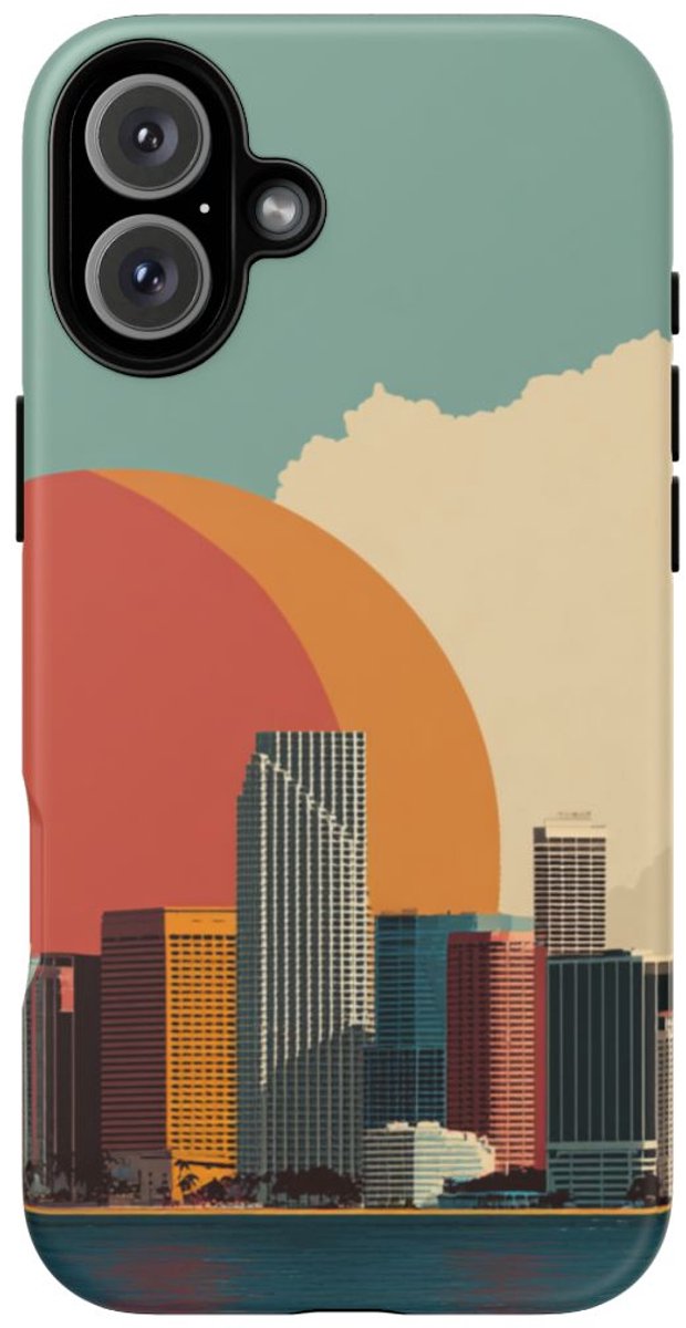Minimalistische Stadsgezicht met Grote Zon – Telefoonhoesje Geschikt voor iPhone 16 Plus