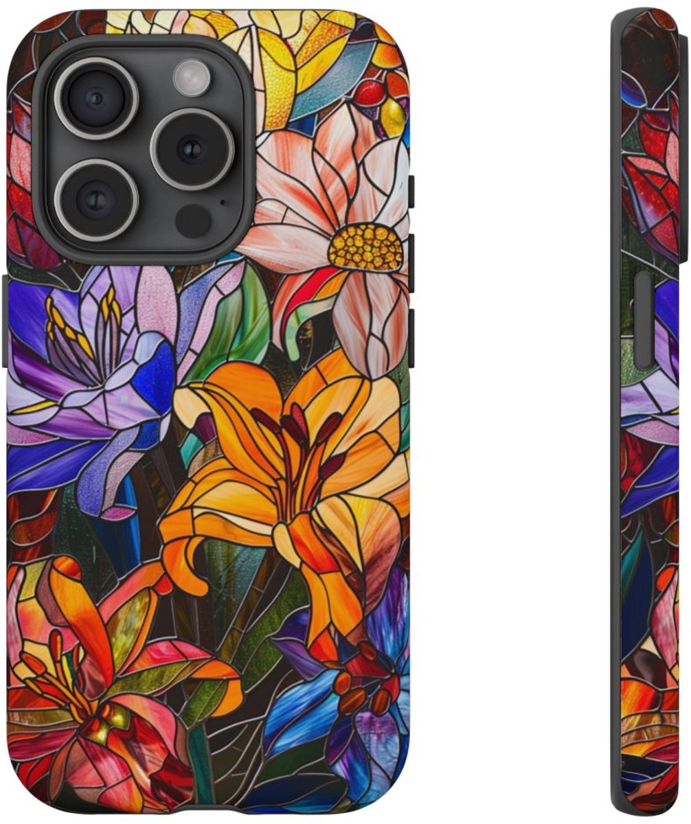 Levendig Gebloemd Glas-in-Lood Ontwerp – Telefoonhoesje Geschikt voor iPhone 15 Pro