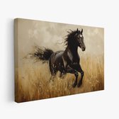 FineArtia - Zwart paard in volle galop - Canvas Schilderij - 90 x 60 cm - Woonkamer Decoratie - Bruin;Zwart - Slaapkamer Schilderij - Wanddecoratie