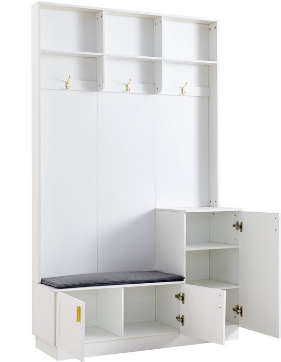 Ensemble de garde-robe Sweiko - Avec banc + étagère à chaussures - 3 crochets - 3 étagères - Wit