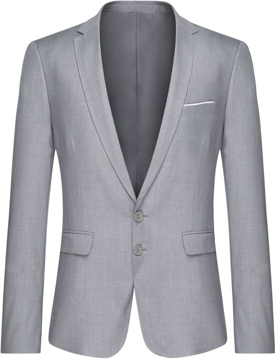 Grijze blazer met twee knopen, een borstzakje en klepzakken.