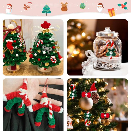 300 stuks kleurrijke pijpenragers - kerstpijpenragers om te knutselen - set met pluche ballen - 30 cm lange chenilledraad - pijpreiniger voor Kerstmis - knutselen - decoraties (rood - groen - wit) — afbeelding 3