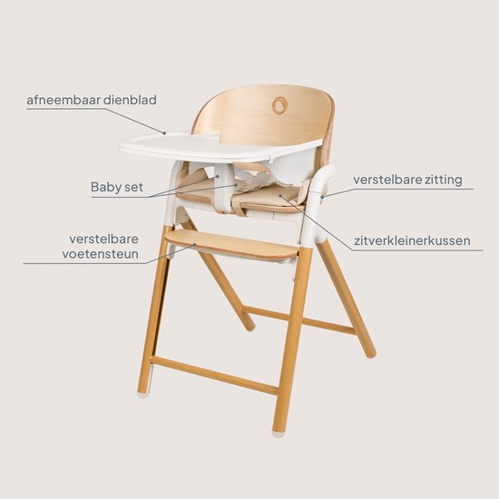 Chaise haute en bois Lionelo Celia 3 en 1 – De Bébé à adulte – Siège et repose-pieds réglables – Harnais 5 points – Revêtement en Eco– Comprend BabySet et plateau – Capacité de charge jusqu'à 90 kg