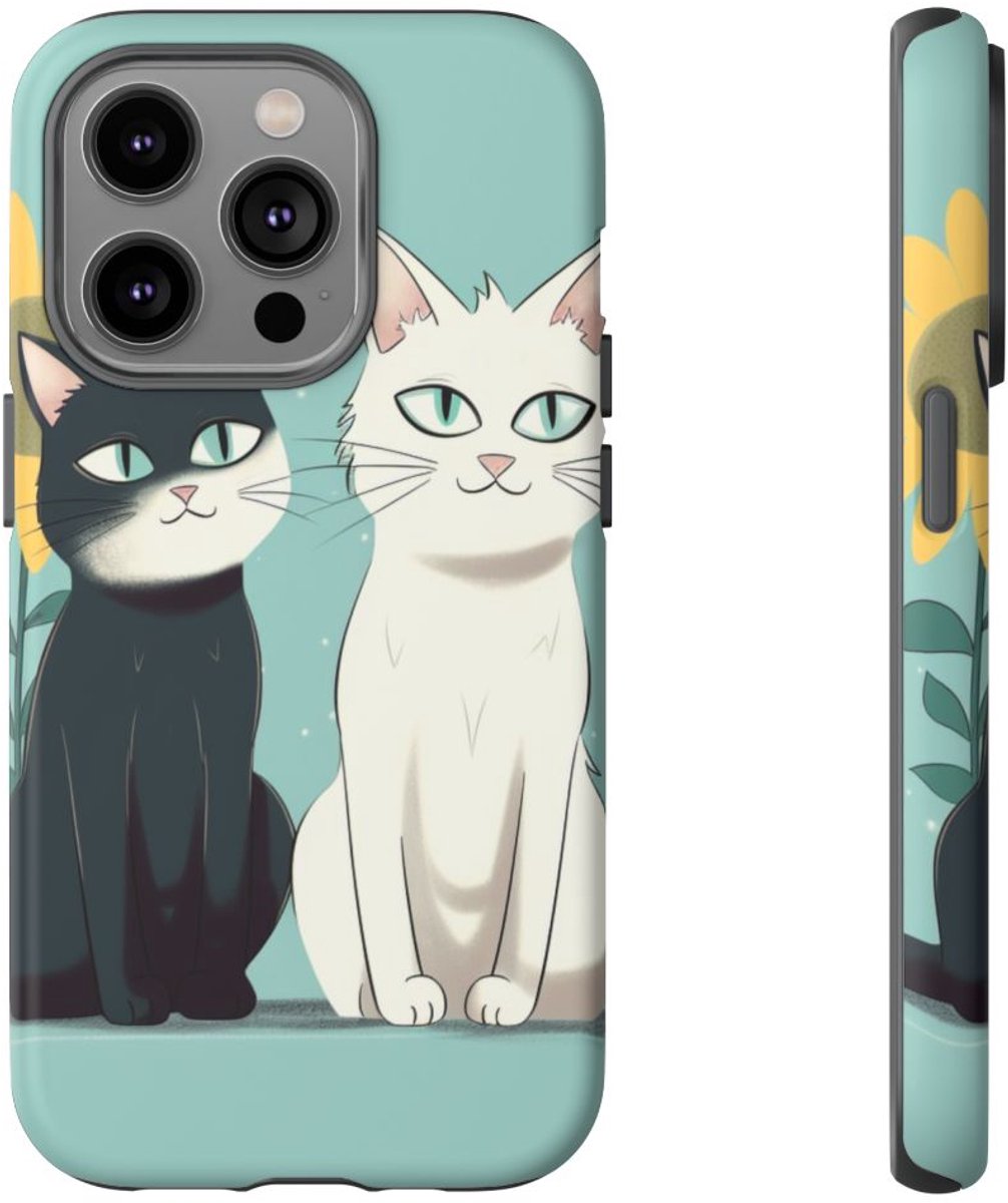 Twee Cartoonkatten met Zonnebloem – Telefoonhoesje Geschikt voor iPhone 14 Pro