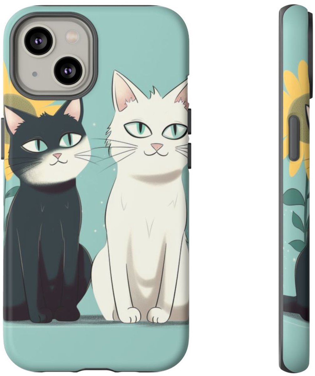 Twee Cartoonkatten met Zonnebloem – Telefoonhoesje Geschikt voor iPhone 14