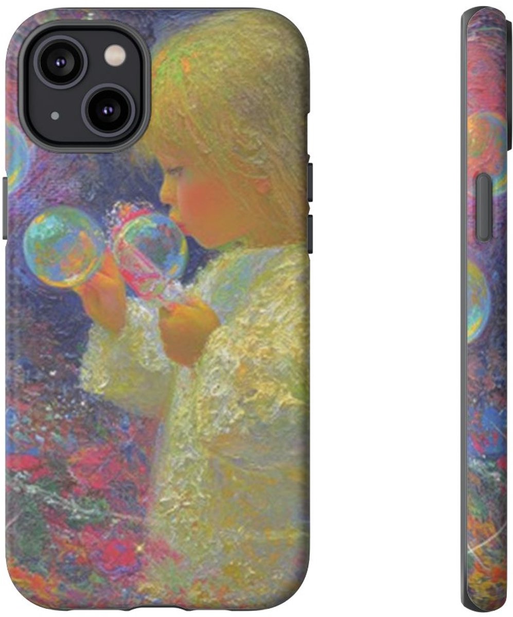 Engel die Zeepbellen Blaast tussen Bloemen – Telefoonhoesje Geschikt voor iPhone 14 Plus