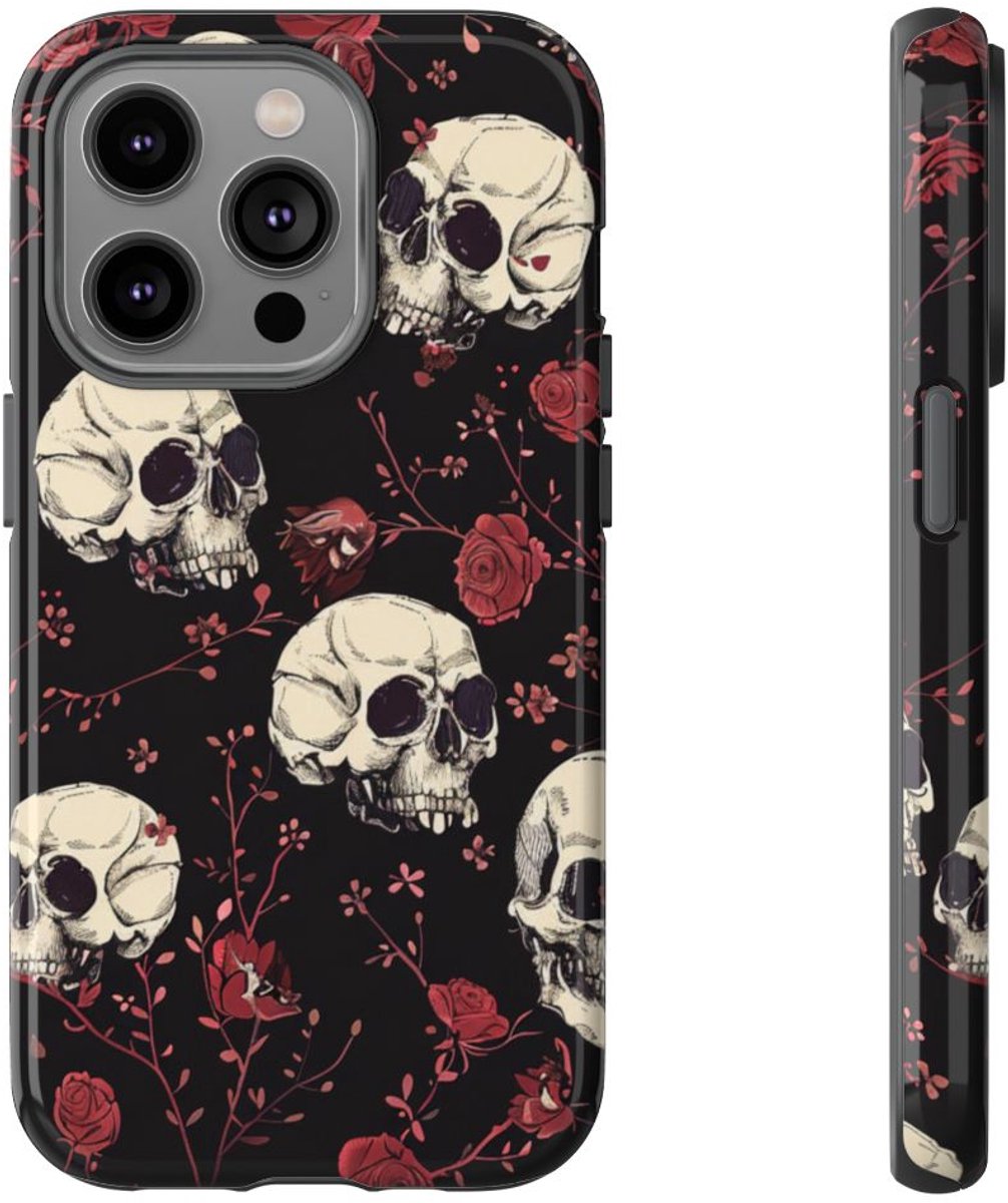Schedels en Rode Rozenpatroon – Telefoonhoesje Geschikt voor iPhone 14 Pro