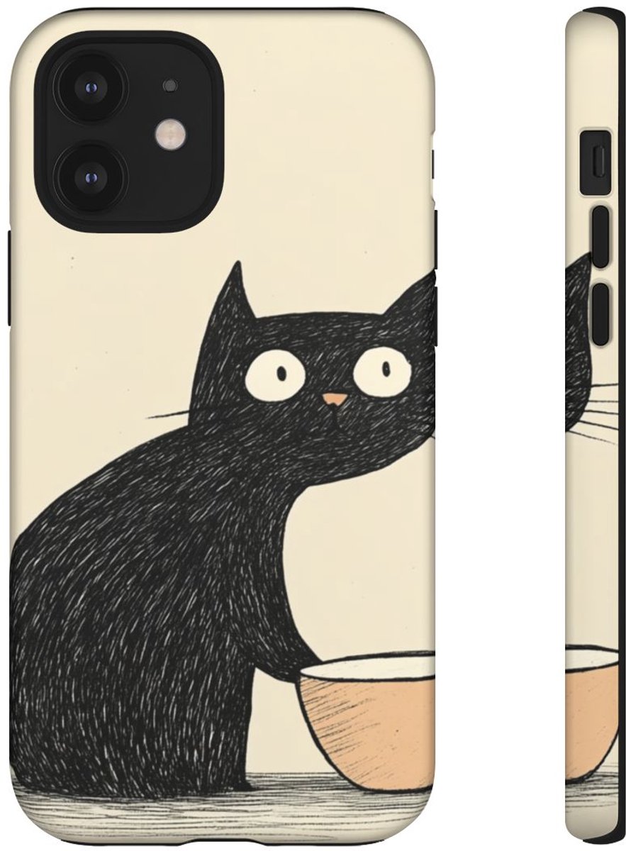 Zwarte Kat met Kom Illustratie – Telefoonhoesje Geschikt voor iPhone 12