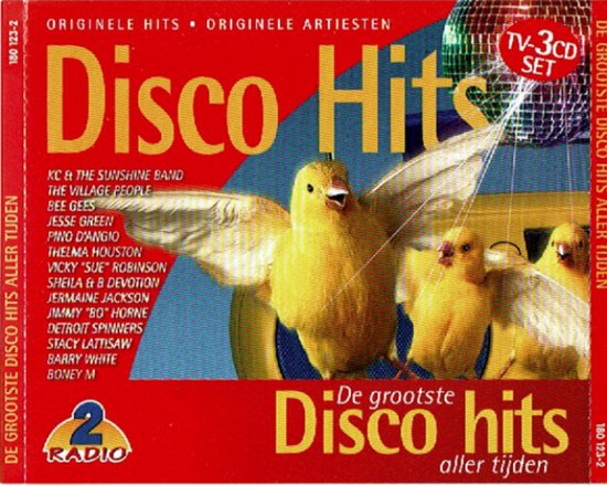 CD-hoes met de titel 'Disco Hits'. Vier gele kuikens met open vleugels voor een discobol.